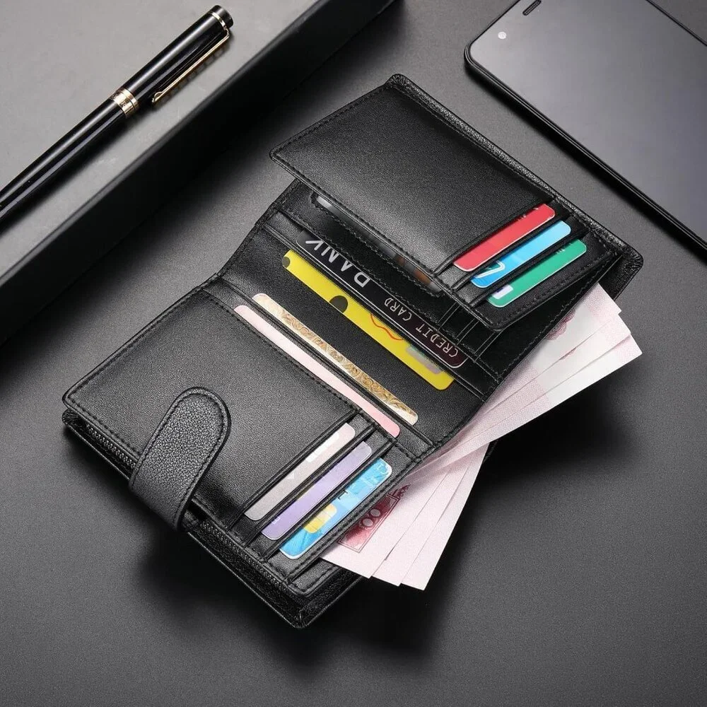 Men's F-Black Genuine Leather Bifold Wallet Blocking Credit Card Coin Pocket